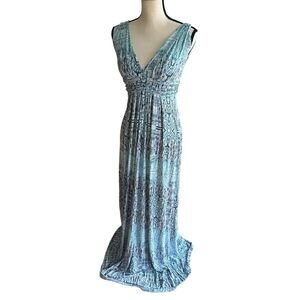 TART Maxi Dress XS Blue White Abstract Sleeveless V-Neck Beach Resort Baby Doll